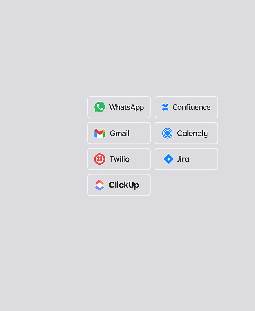 Screenshot of the AgenticFirst platform displaying available integrations with software tools such as WhatsApp, Jira, Confluence, Gmail, and Twilio.