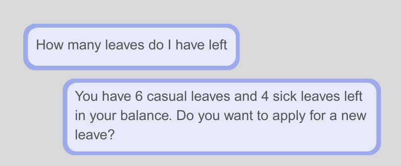Chat interface on the AgenticFirst platform showing a user asking about remaining leaves, with the AI responding that 6 casual leaves and 4 sick leaves are available, and offering to apply for a new leave.